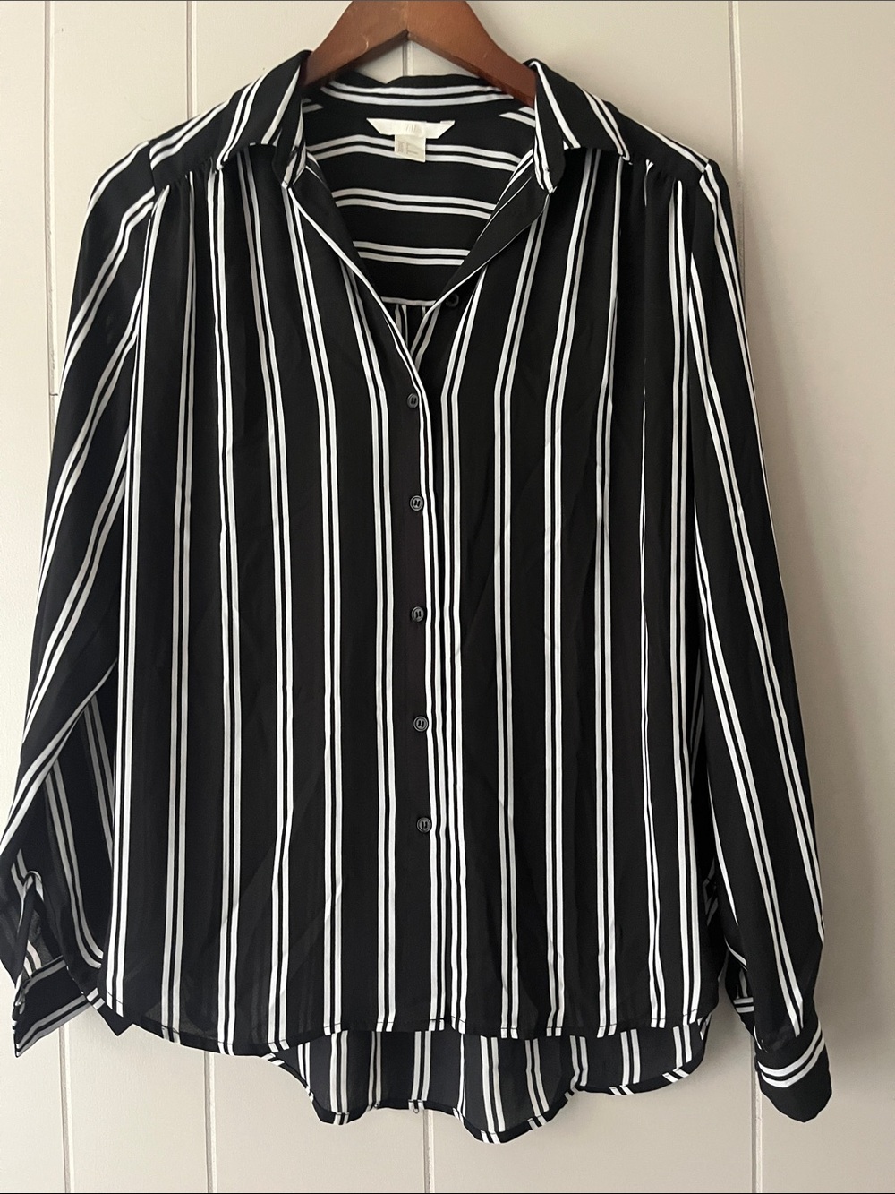 Black & White Vertical Stripe Button-Up Blouse - Women's Top